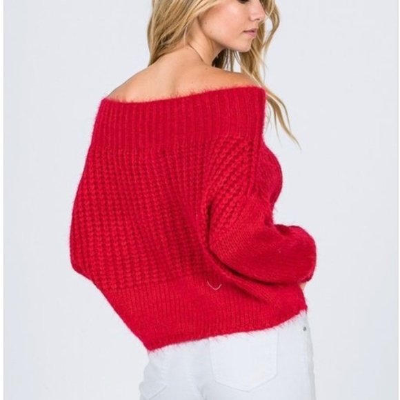 Red Off Shoulder Knit Long Sleeve Sweater - Picture 3 of 3